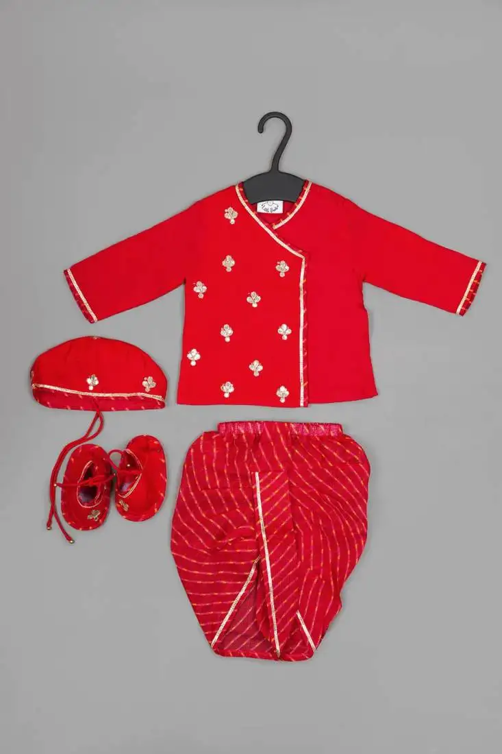 Boy red with flower gota hand embroidery with lehariya dhoti set