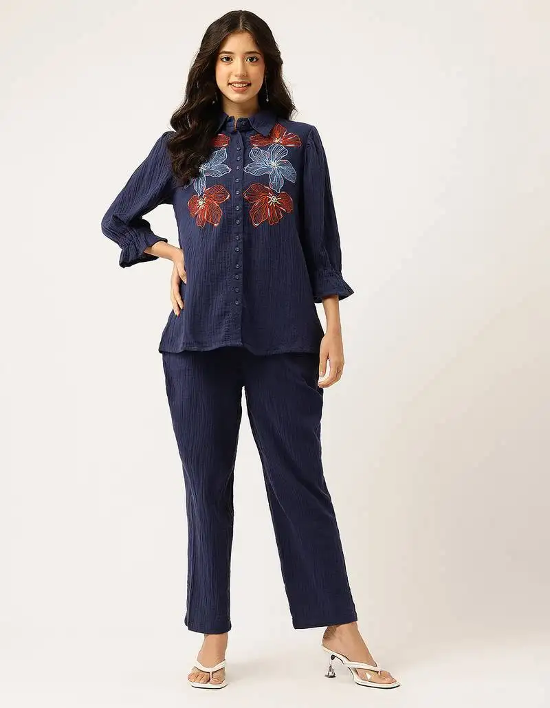 Purna cadet blue embroidered cotton co ord set