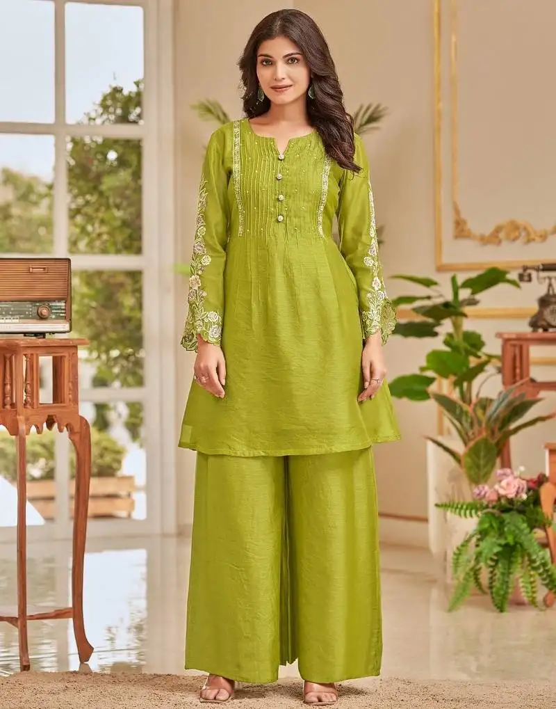 Gaurisha barf green embroidered linen blend co ord set
