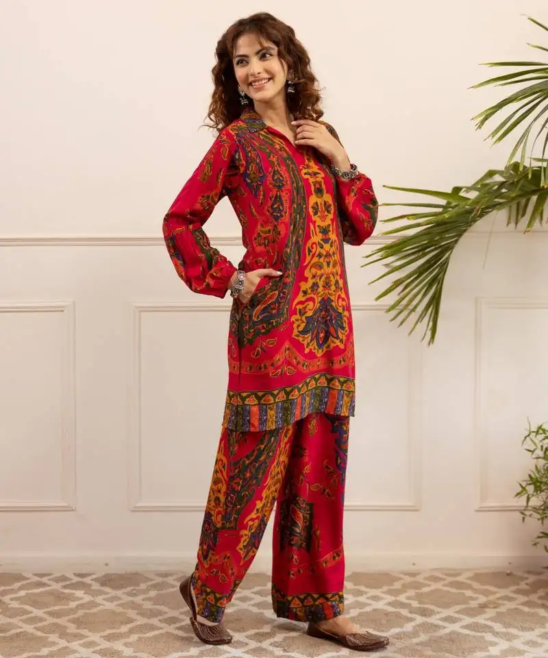 Kabool berry red printed viscose rayon co ord set
