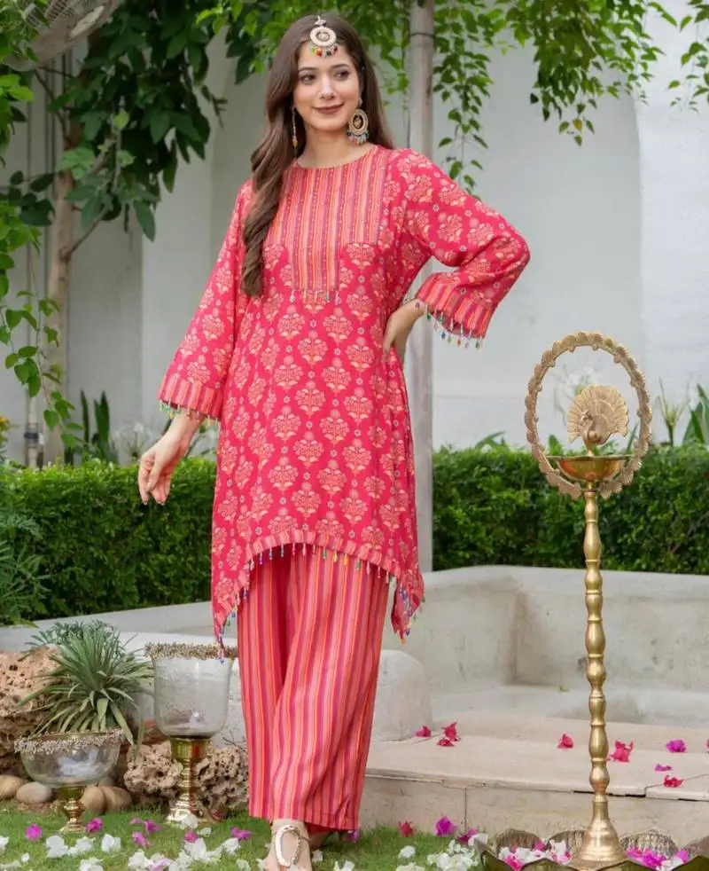 Jayti raspberry pink printed linen blend co ord set