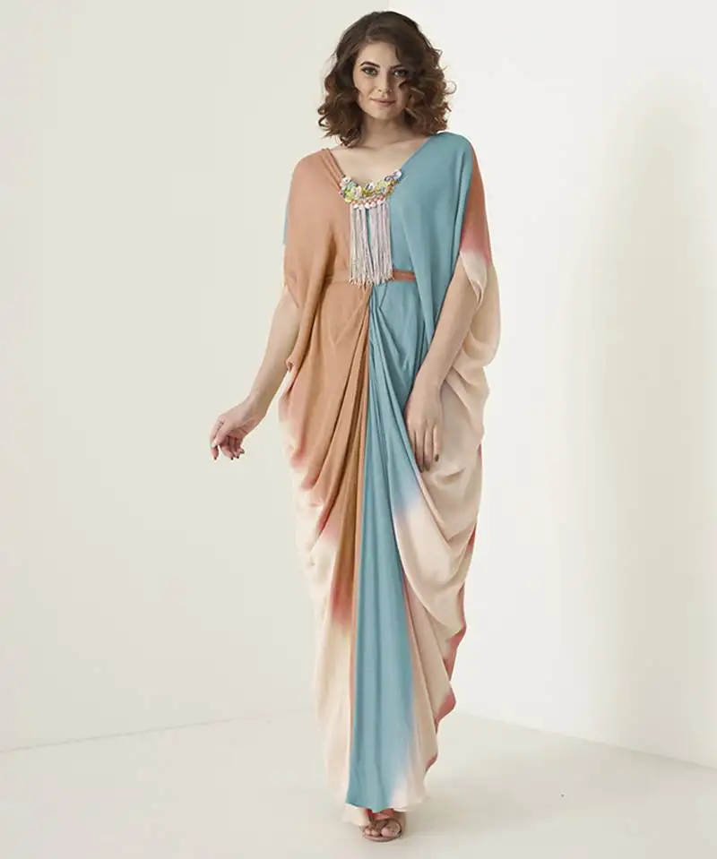 Multicolor georgette plain kaftan with neckline embroidery