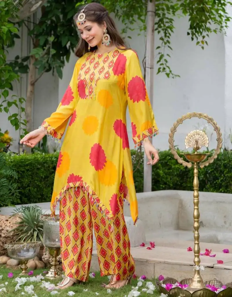 Jayti sunshine yellow printed linen blend co ord set