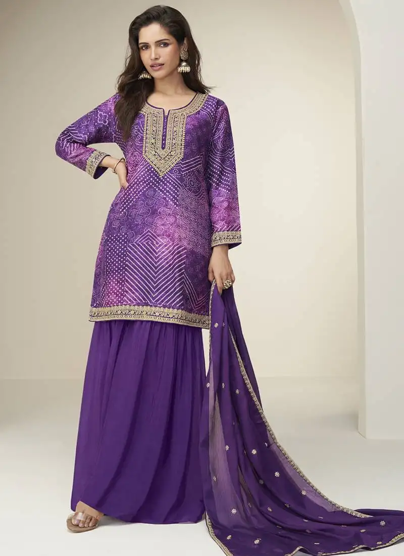Violet chinon silk embroidered designer sharara suit stitched