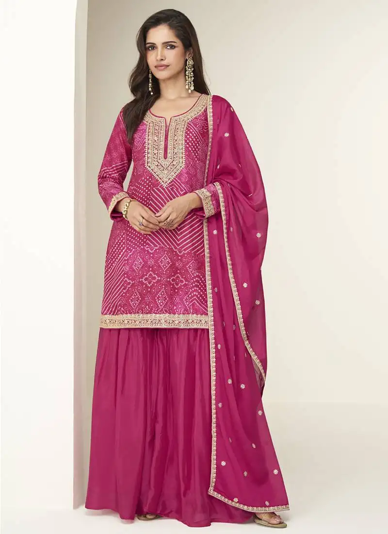 Pink chinon silk embroidered designer sharara suit stitched