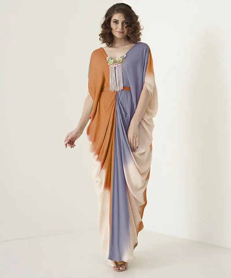 Multicolor georgette plain kaftan with embroidered neckline