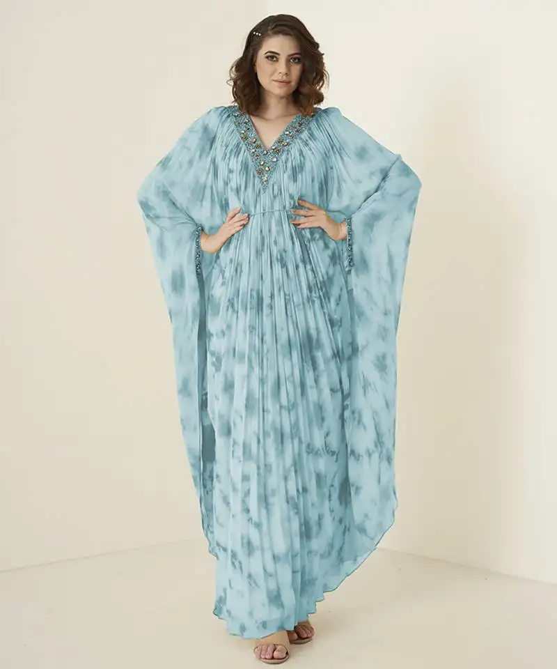 Turquoise georgette plain kaftan with embroidered neckline