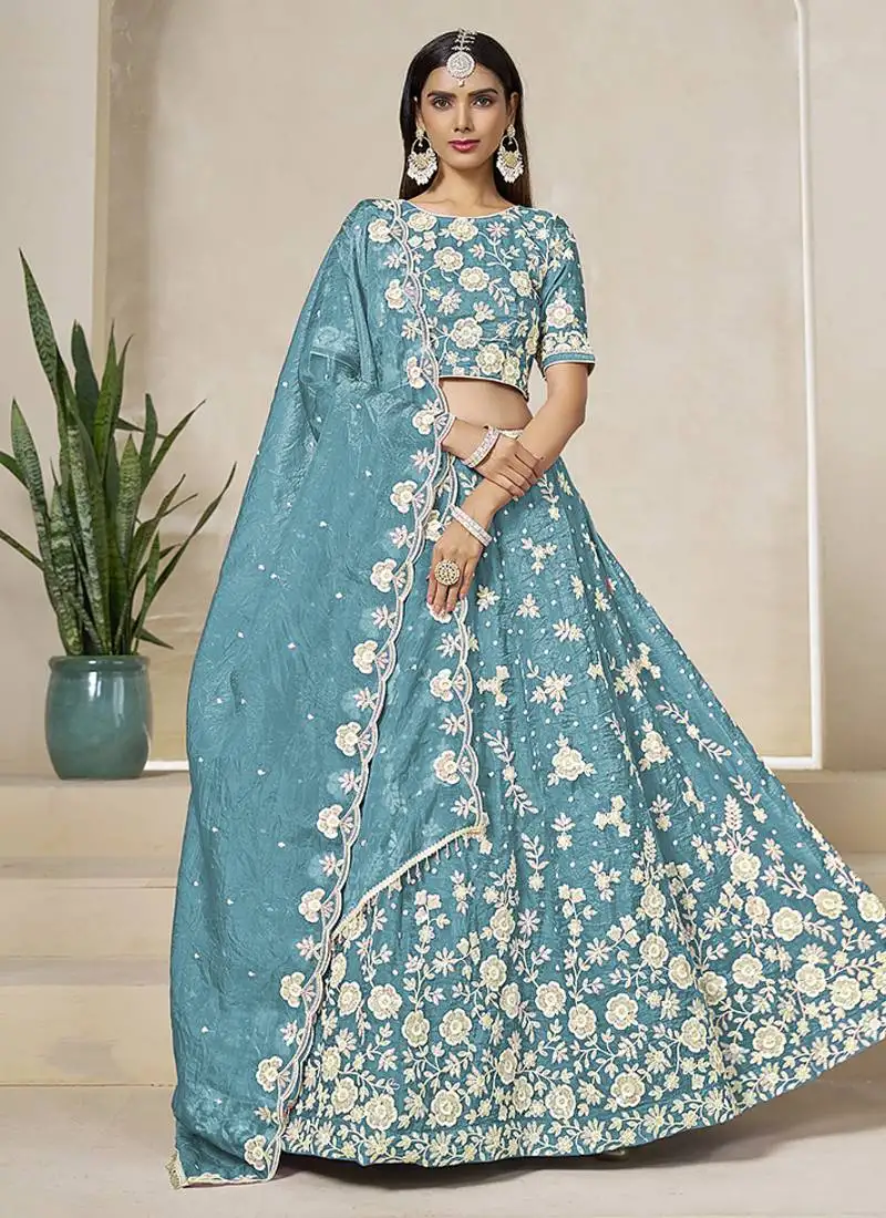 Aqua blue embroidered crush organza lehenga choli