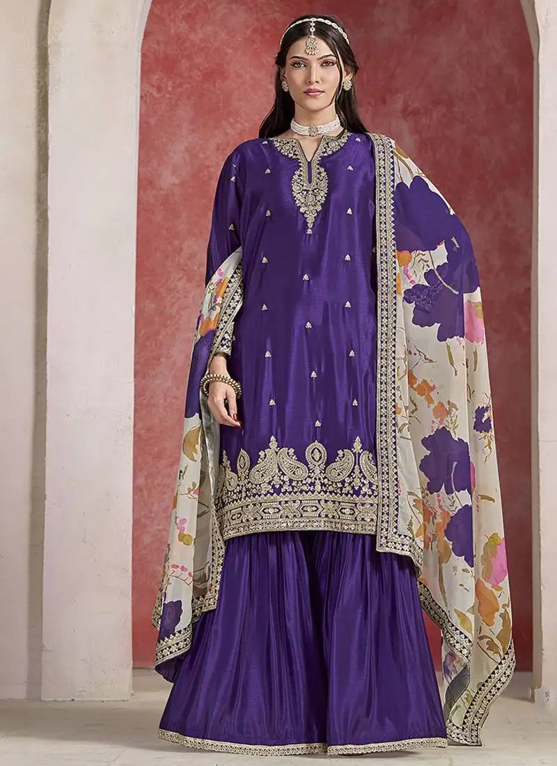 Chinon silk purple embroidered palazzo readymade salwar suit-full stitched free size