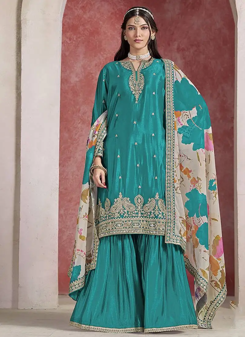 Chinon silk light sea green embroidered palazzo readymade salwar suit-full stitched free size