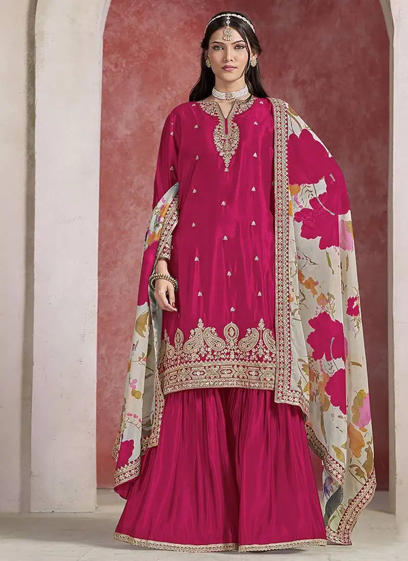 Chinon silk rani pink embroidered palazzo readymade salwar suit-full stitched free size