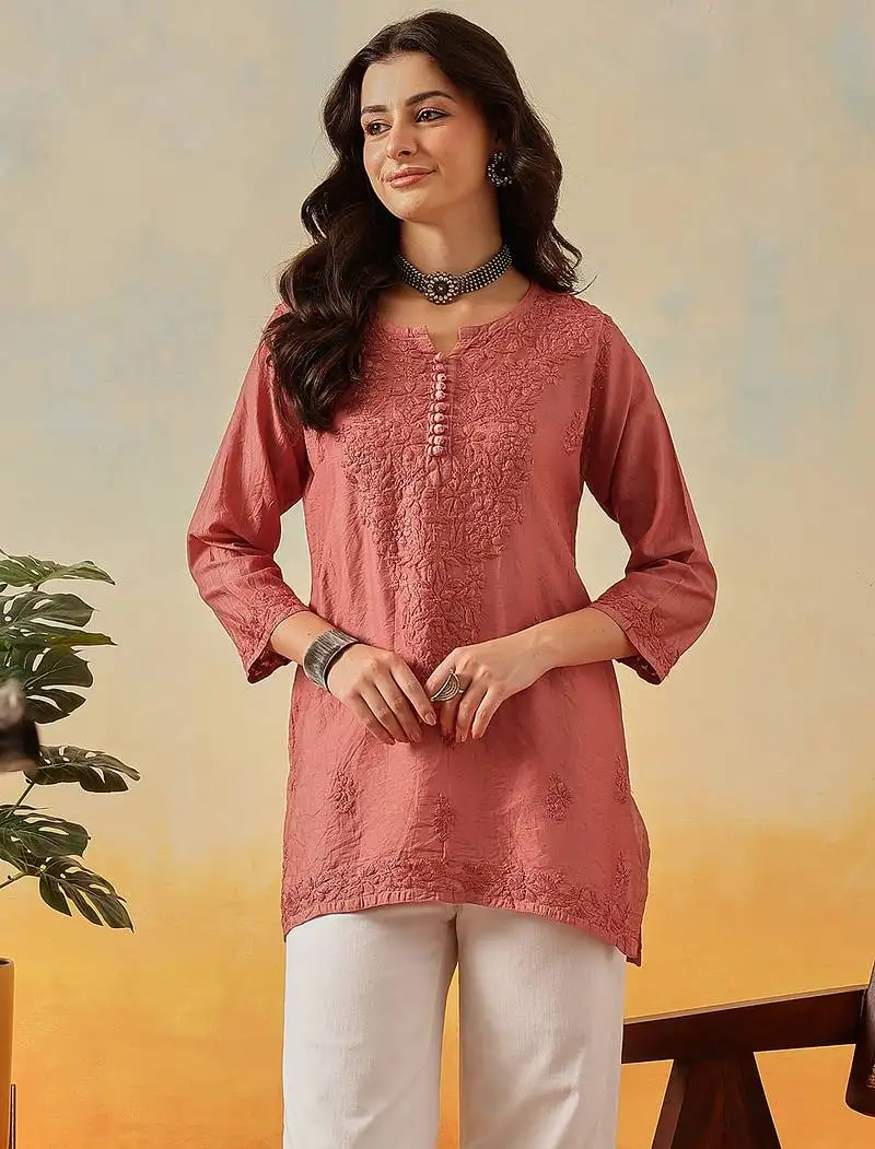 Hand embroidered dusty peach chanderi lucknowi chikankari indian women short kurti