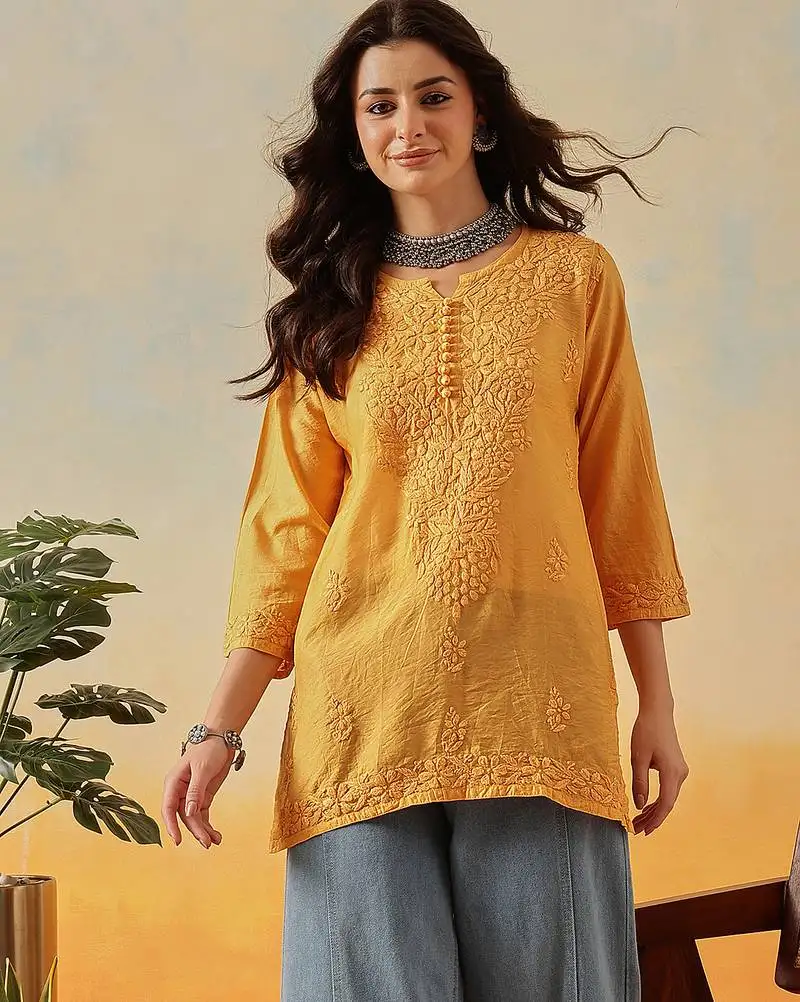 Hand embroidered mustard chanderi lucknowi chikankari indian women short kurti