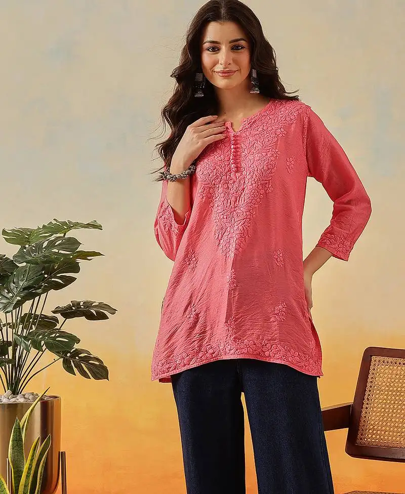 Hand embroidered carrot pink chanderi lucknowi chikankari indian women short kurti