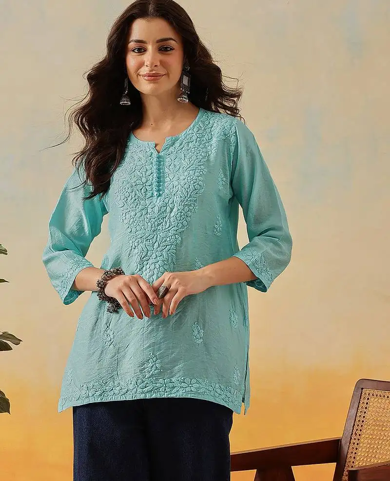 Hand embroidered sky blue chanderi lucknowi chikankari indian women short kurti