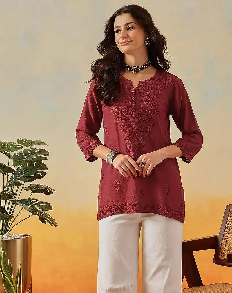 Hand embroidered maroon chanderi lucknowi chikankari indian women short kurti
