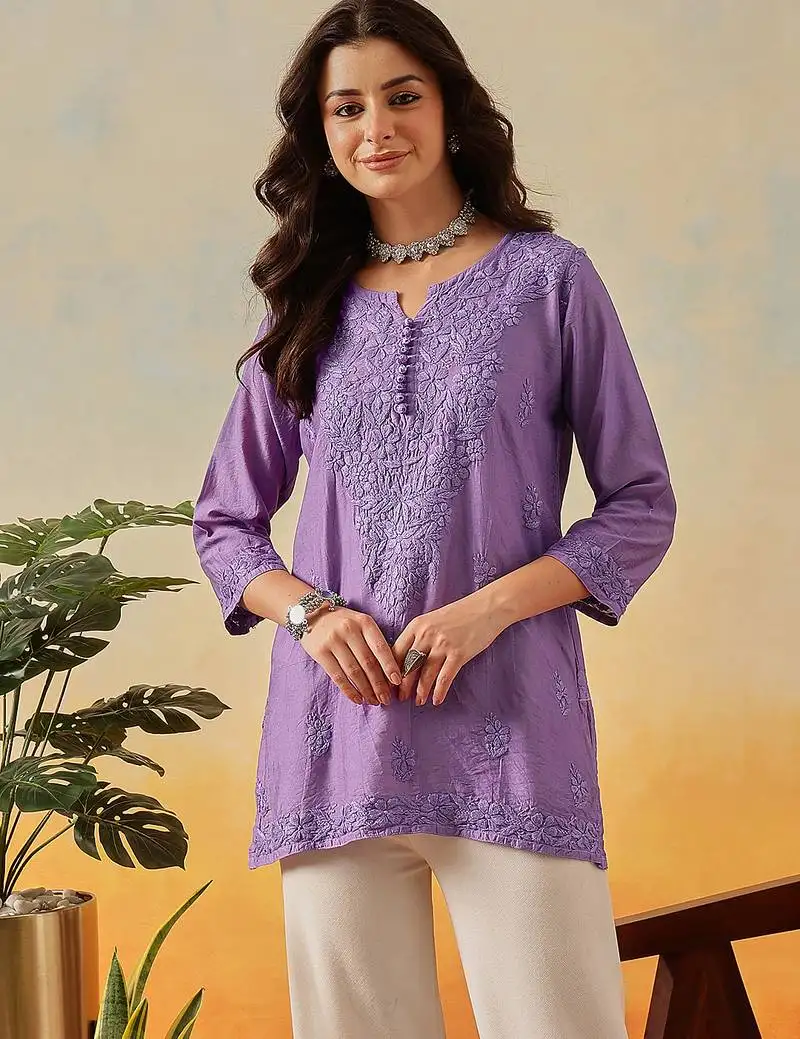Hand embroidered mauve chanderi lucknowi chikankari indian women short kurti