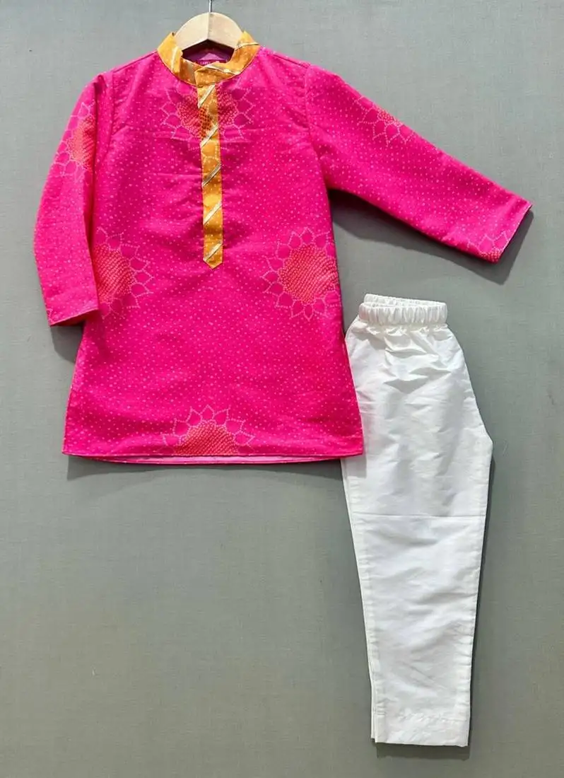 Pink bandhni kurta set with pant for boys