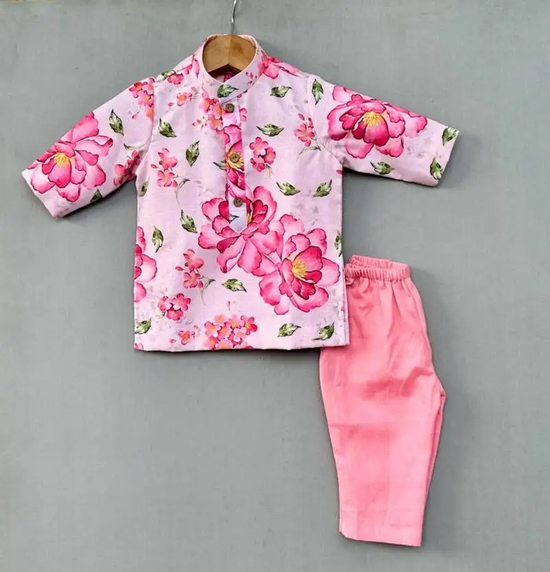 Pink floral kurta with pant for boys