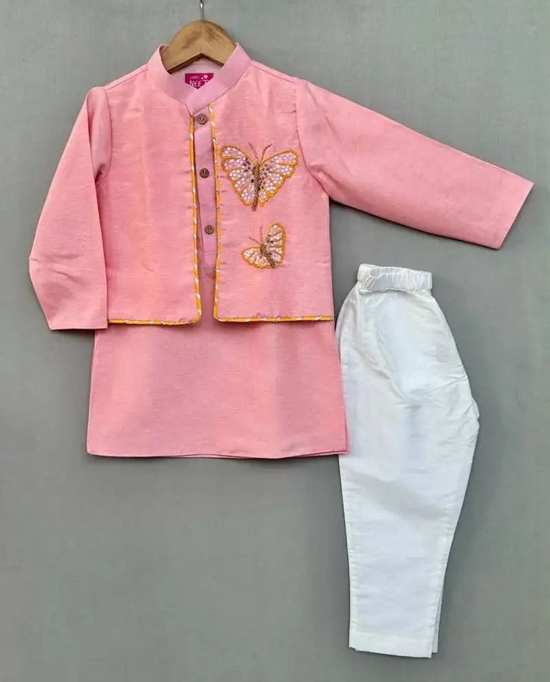 Butterfly embroidered attached jacket set in pink for boys