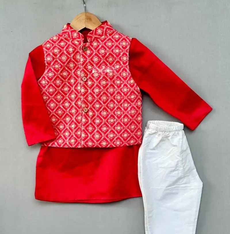 Ethnic nehru jacket set with red kurta and pants for boys