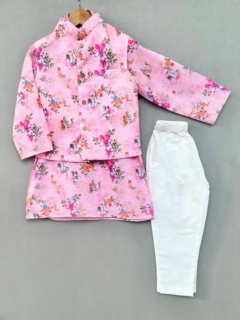 Pink floral print nehru jacket with kurta and pant for boys