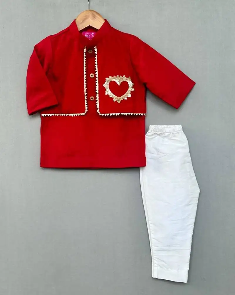 Sequin heart embroidered attached jacket with kurta & pant for boys