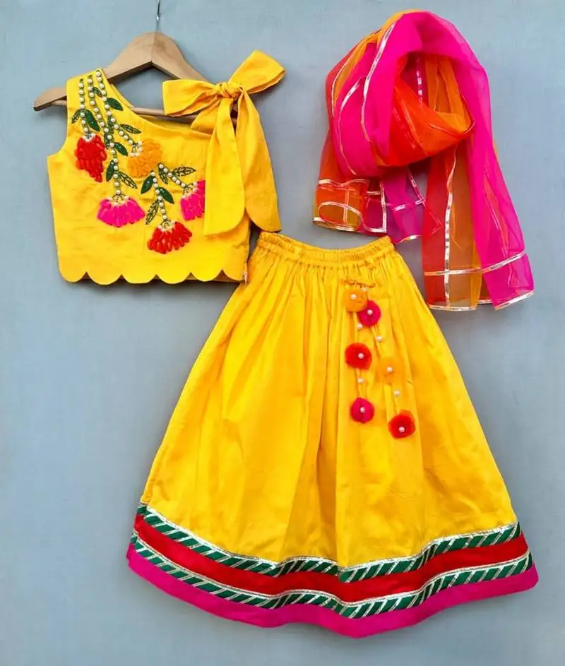 Floral & pearl embroidered top with matching lehenga in yellow for girls