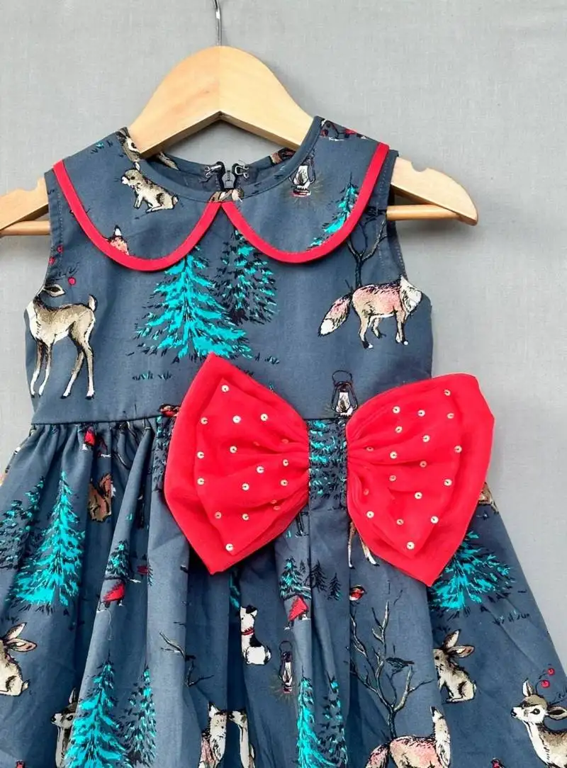 Woodland print grey dress with bow for girls