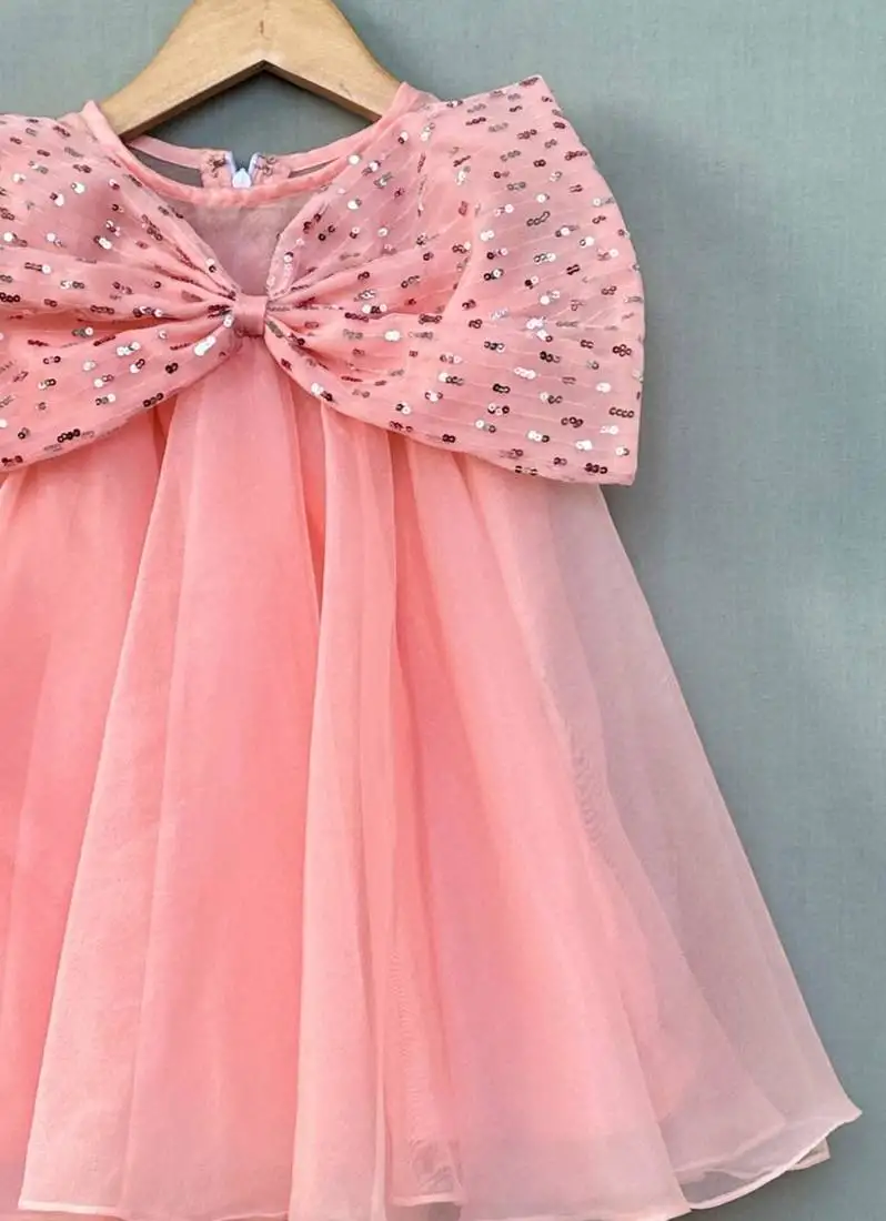 Peach organza dress with big sequin bow for girls