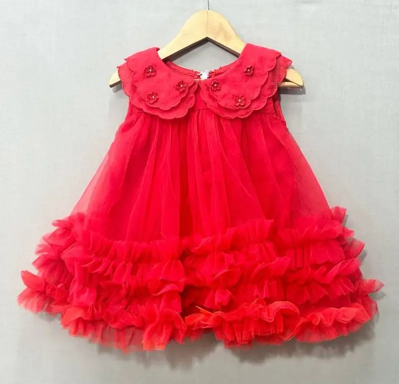 Red scalloped embroidered collar net tulle dress for girls