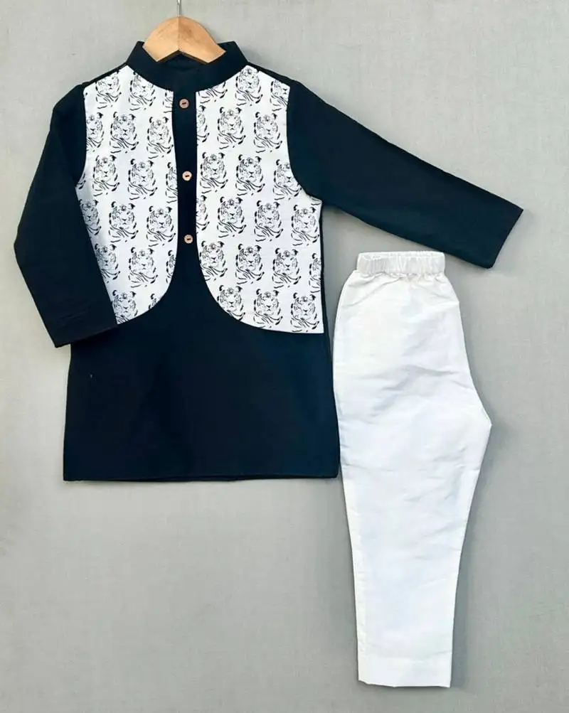 Tiger printed attached nehru jacket with kurta & pants for boys