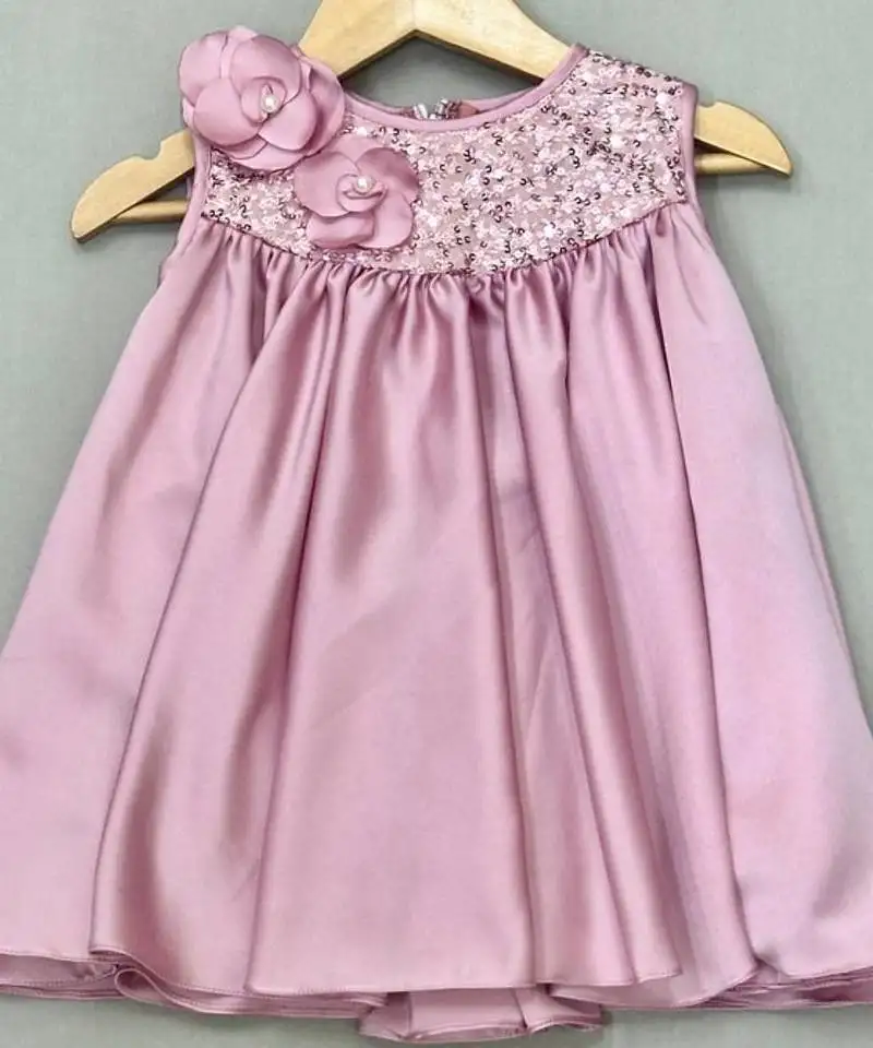 English pink satin dress with sequin yoke for girls