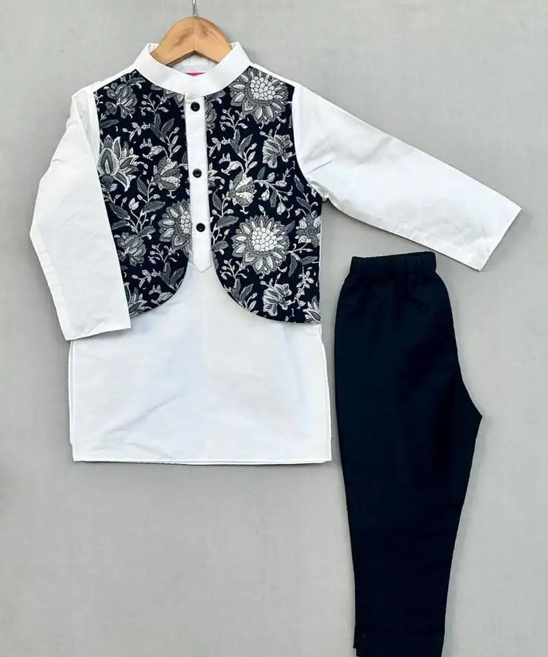 Floral printed attached nehru jacket with kurta & pants for boys