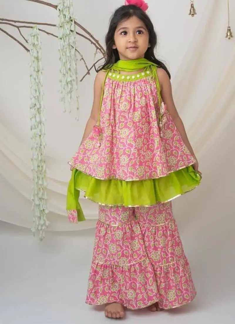 Pink & green cotton sharara set with dupatta for girls