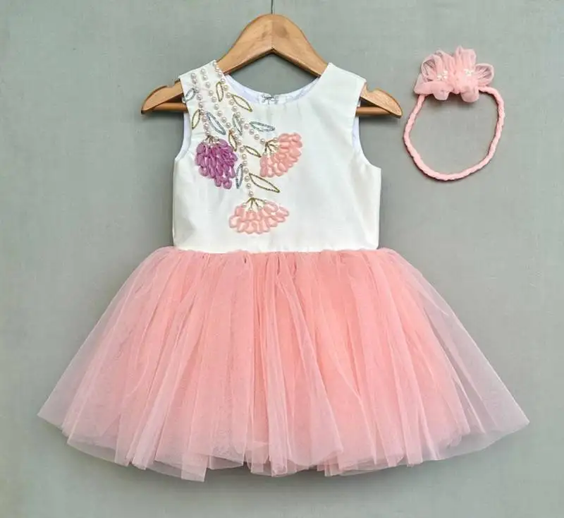 Floral hand embroidered dress with hairband for girls