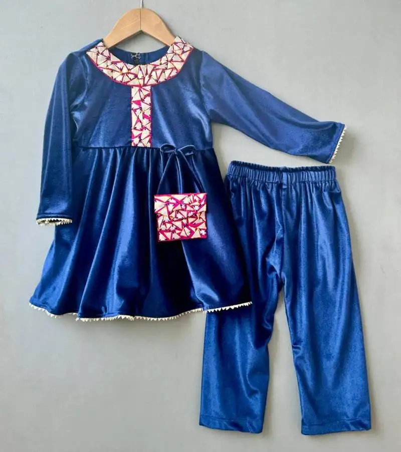 Applique embroidered velvet kurti with pants for girls