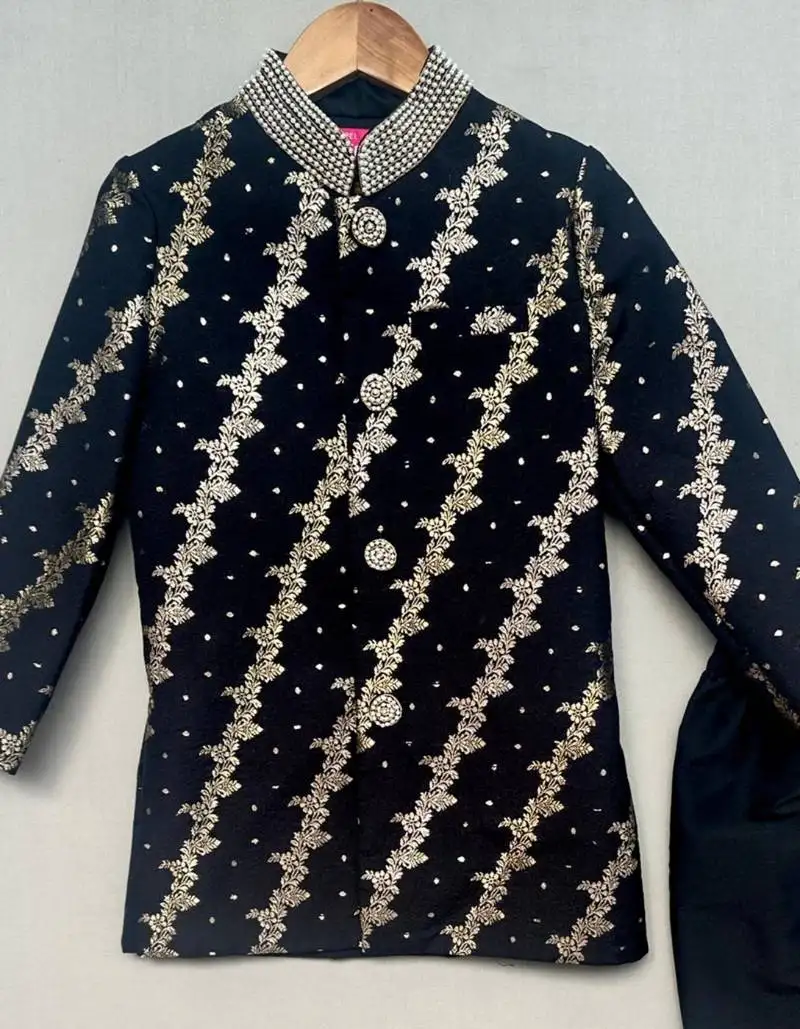 Royal black brocade sherwani with straight pants for boys