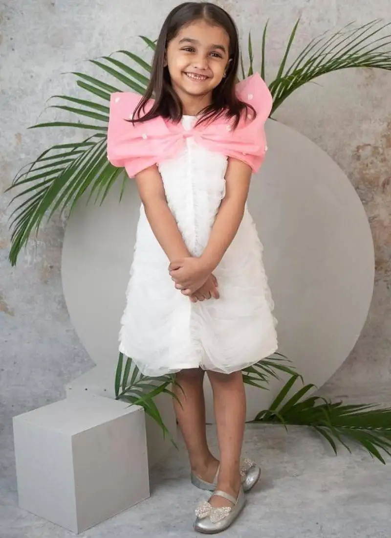 Ruched detailed dress in net with pink organza bow for girls