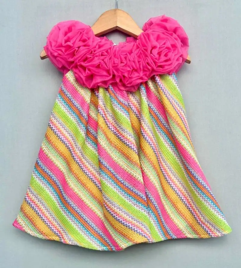 Vibrant multicolour dress with handmade soft organza flowers for girls