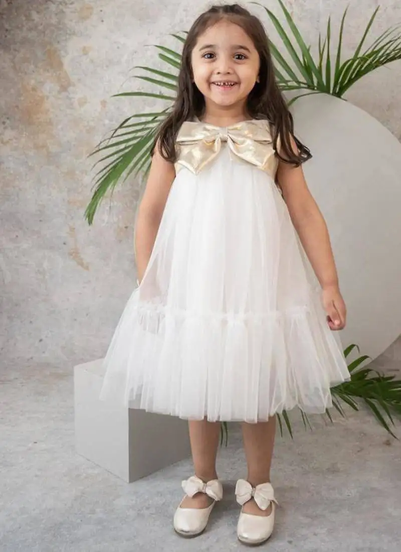 Soft layered net dress with gold bow for girls
