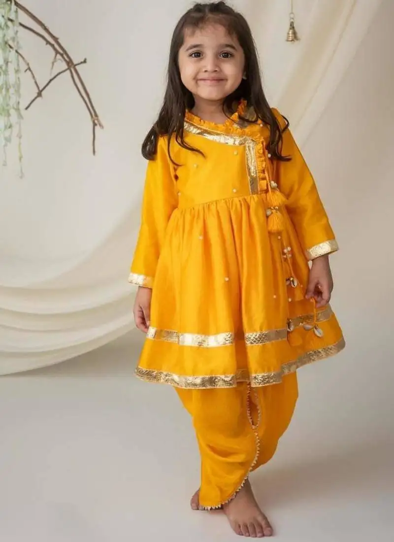 Yellow angrakha style kurti with matching dhoti for girls