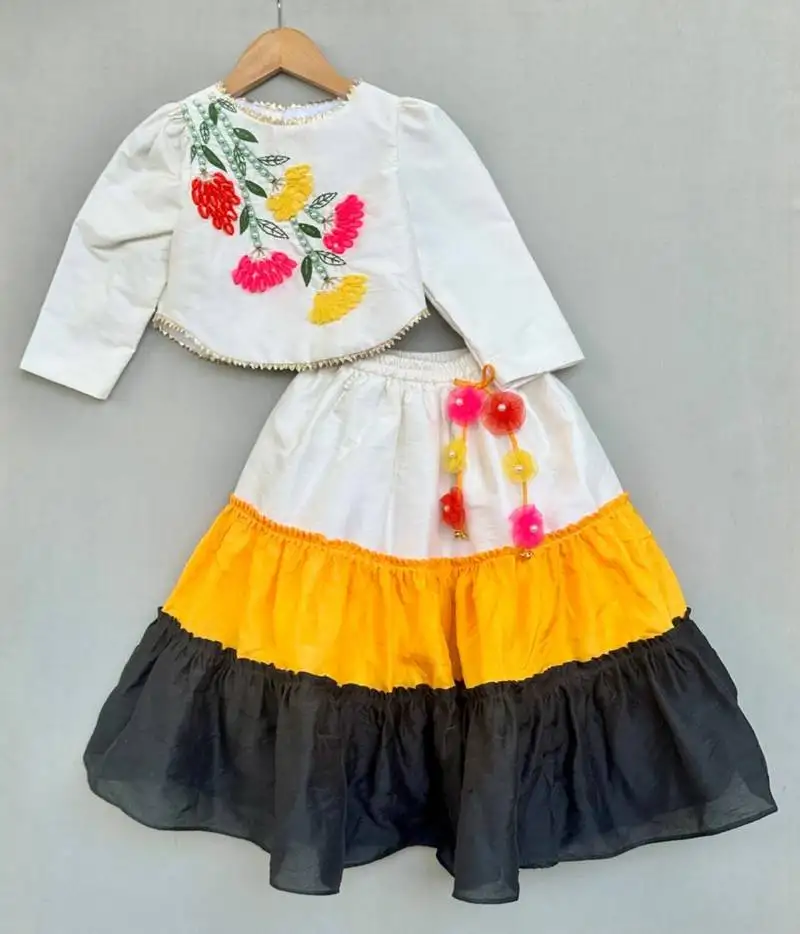 Floral hand embroidered top with tiered lehenged for girls
