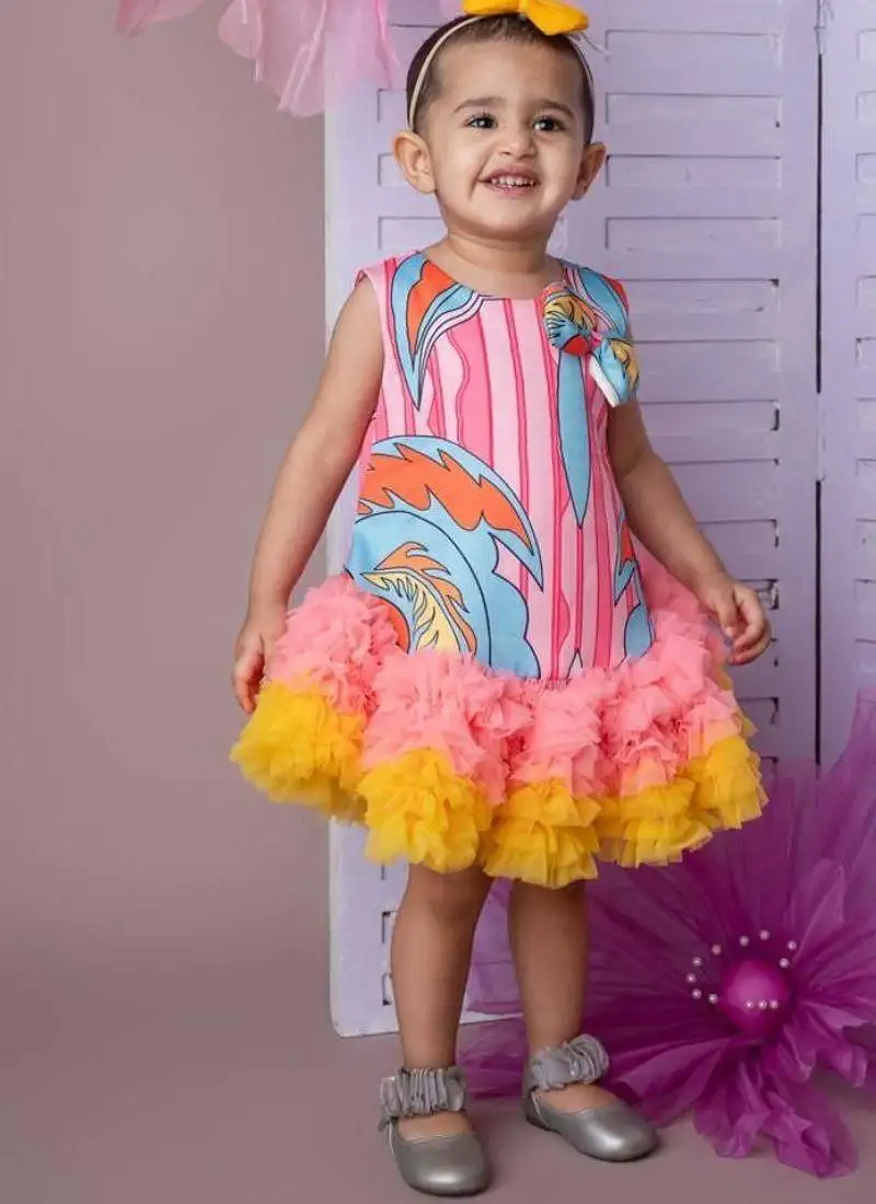 Pink abstract print tutu dress with soft net for girls