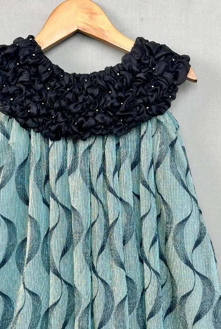 Teal elegance pleated dress with embellished black ruched neckline for girls