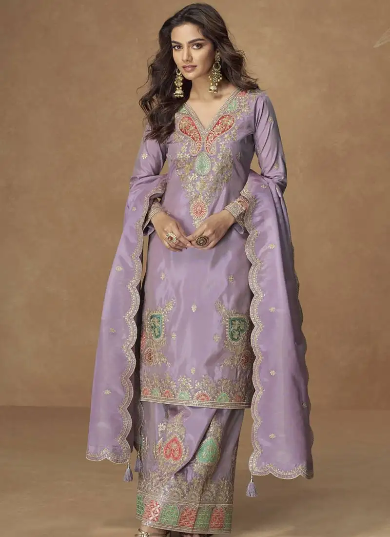 Lavender simar silk embroidered designer palazzo suit stitched