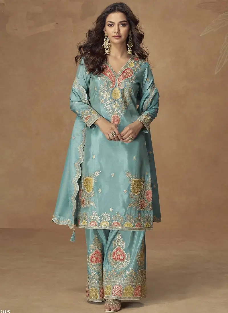 Sky blue simar silk embroidered designer palazzo suit stitched