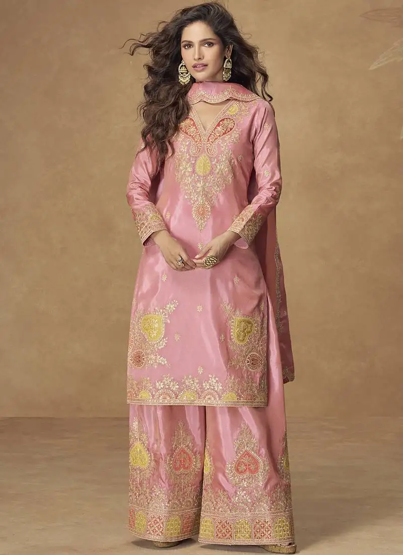 Light pink simar silk embroidered designer palazzo suit stitched