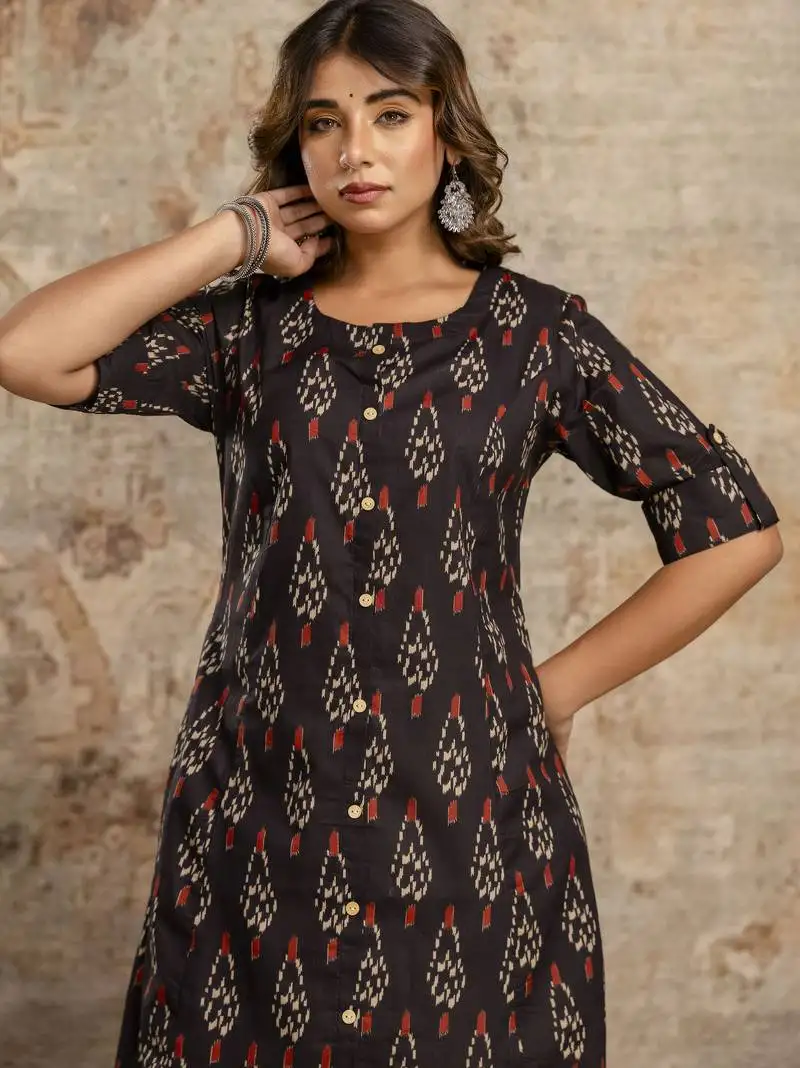 Black ikat print cotton kurta