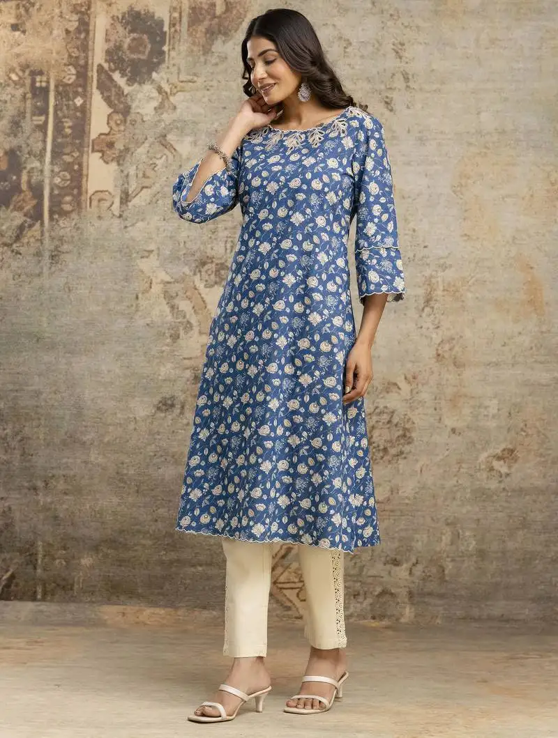 Blue cutwork neck design